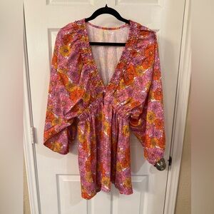 Vibrant Floral V-Neck Romper  - Pink and Orange